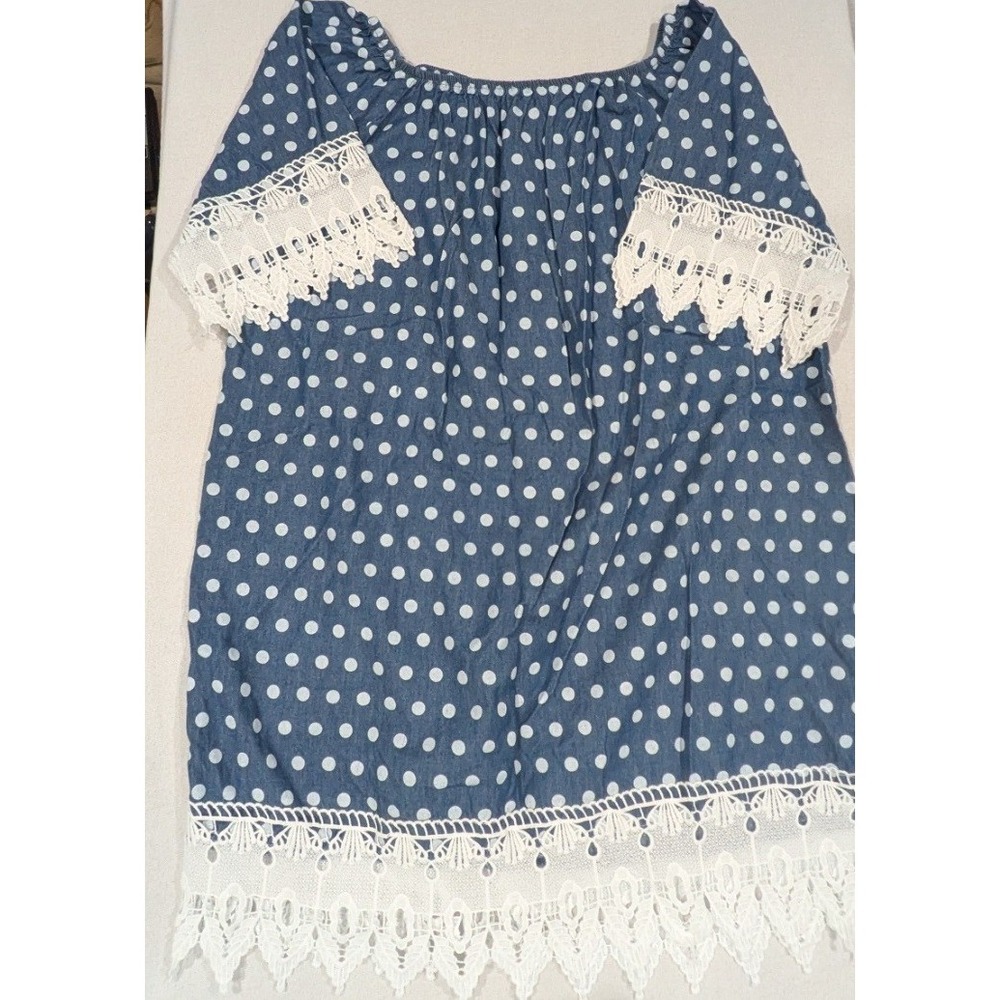 Love by Chesley Polka Dot Top Womens 2X Blue Boho Lace Off Shoulder